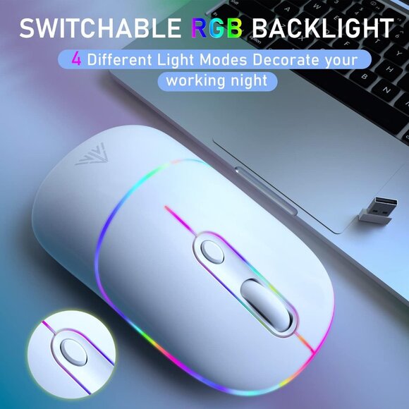 Silent 2.4GHz Wireless Mouse White‎ Rechargeable with RGB - Picture 5 of 9